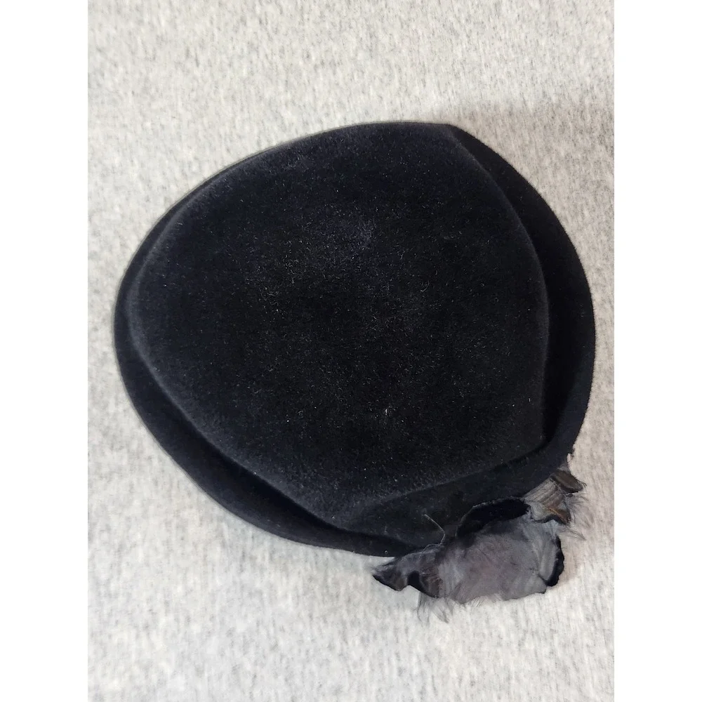 Louise Green Pillbox Hat Womens OS Black Felt Floral Accent Vintage Style USA